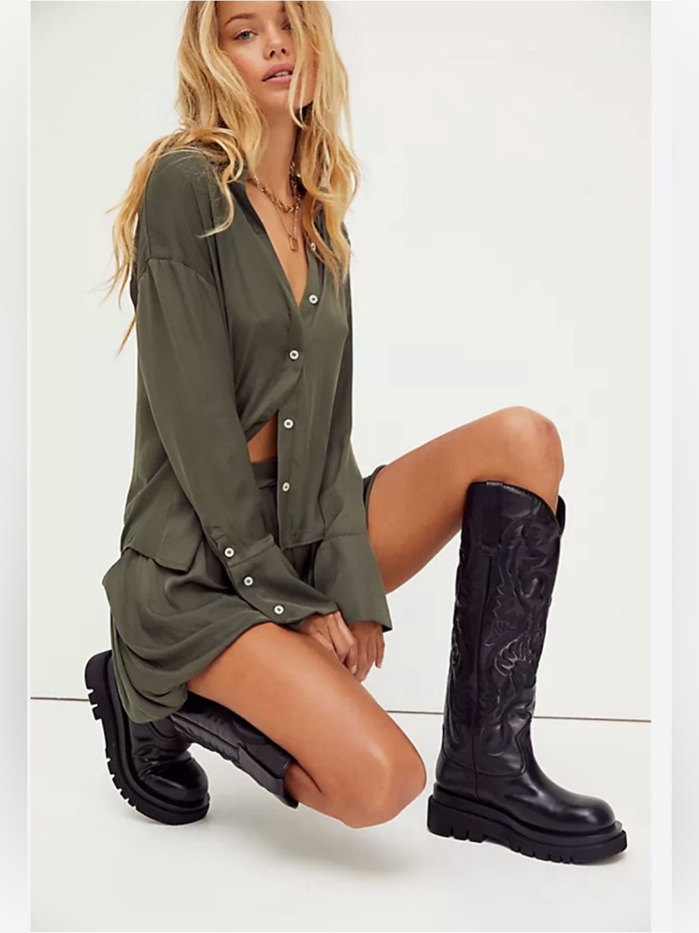 Free People Olive Green Relaxed Bubble Hem Shorts - Picture 3 of 16